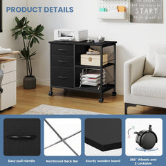 Mydepot 3-Tier Mobile File Cabinet, Printer Stand with Storage, Office Table with Drawers and Back Support Bar, Holds 110lb for Home Office