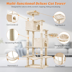 MyDepot 66 Inch Cat Tree Tower, Multi Level Cat Climbing Tower with Natural Sisal Scratching Posts, Hammock, Pet Condo for Indoor Cats and Kittens Play