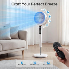MyDepot Fan for Bedroom, 1050CFM Pedestal Air Circulator, Standing Fans with DC Motor, 15 Speeds & 5 Modes, 120° Omni Oscillation, Digital Display & Remote, 12H Timer, Adjustable Height