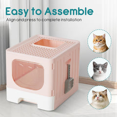 MyDepot Cat Litter Box with Lid, Large Foldable Cat Box with Litter Scoop, Front Entry Top Exit Kitty Litter Box with Door, Easy Cleaning Drawer Design Odor Control