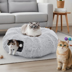 MyDepot Cat Tunnel Bed for Indoor Cats Cave Donut Play Tunnel with Soft Plush Peekaboo, Circle Cushion, Washable Multifunctional Playground Under Tree Pet Toys for Kittens, Puppy Rabbit, Ferret