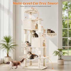 MyDepot 66 Inch Cat Tree Tower, Multi Level Cat Climbing Tower with Natural Sisal Scratching Posts, Hammock, Pet Condo for Indoor Cats and Kittens Play