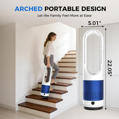 MyDepot 22" Bladeless Tower Fan with Built-in Air Filter, 80° Oscillating Quiet Fan for Bedroom, 8 Speeds, 8H Timer, Remote Control, LED Display, Easy to Clean, Home & Office, Blue/White