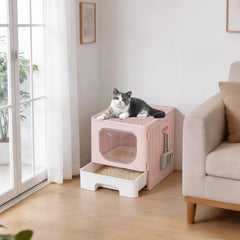 MyDepot Cat Litter Box with Lid, Large Foldable Cat Box with Litter Scoop, Front Entry Top Exit Kitty Litter Box with Door, Easy Cleaning Drawer Design Odor Control