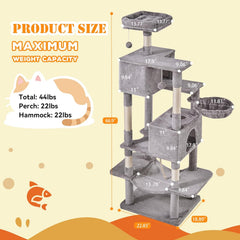 MyDepot 66 Inch Cat Tree Tower, Multi Level Cat Climbing Tower with Natural Sisal Scratching Posts, Hammock, Pet Condo for Indoor Cats and Kittens Play
