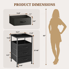 MyDepot Nightstand with Charging Station, Bedside Table with USB Ports, AC Outlets & Fabric Drawers, Modern End Table with Open Storage Shlef for Bedroom, Living Room, Apartment