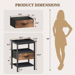 MyDepot Nightstand with Charging Station, Bedside Table with USB Ports, AC Outlets & Fabric Drawers, Modern End Table with Open Storage Shlef for Bedroom, Living Room, Apartment