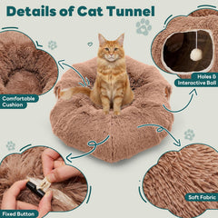 MyDepot Cat Tunnel Bed for Indoor Cats Cave Donut Play Tunnel with Soft Plush Peekaboo, Circle Cushion, Washable Multifunctional Playground Under Tree Pet Toys for Kittens, Puppy Rabbit, Ferret