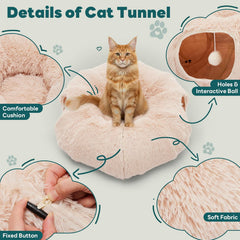 MyDepot Cat Tunnel Bed for Indoor Cats Cave Donut Play Tunnel with Soft Plush Peekaboo, Circle Cushion, Washable Multifunctional Playground Under Tree Pet Toys for Kittens, Puppy Rabbit, Ferret