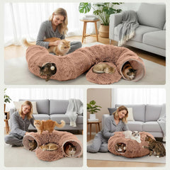 MyDepot Cat Tunnel Bed for Indoor Cats Cave Donut Play Tunnel with Soft Plush Peekaboo, Circle Cushion, Washable Multifunctional Playground Under Tree Pet Toys for Kittens, Puppy Rabbit, Ferret