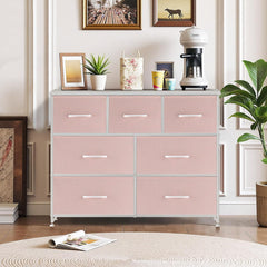 MyDepot Dresser for Bedroom with 7 Fabric Drawers, Chest Organizer Units for Clothing, Closet, Guestroom, Storage Tower with Cabinet, Metal Frame, Wooden Top, Lightweight Furniture