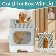 MyDepot Cat Litter Box with Lid, Large Foldable Cat Box with Litter Scoop, Front Entry Top Exit Kitty Litter Box with Door, Easy Cleaning Drawer Design Odor Control