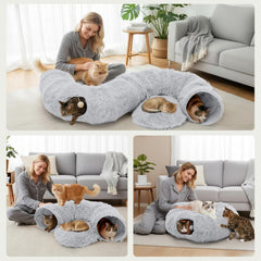 MyDepot Cat Tunnel Bed for Indoor Cats Cave Donut Play Tunnel with Soft Plush Peekaboo, Circle Cushion, Washable Multifunctional Playground Under Tree Pet Toys for Kittens, Puppy Rabbit, Ferret