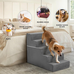 MyDepot Dog Stairs for Small and Medium Dogs, 3/4/5 Step Pet Steps with High-Density Foam, Indoor Non-Slip Pet Ramp for Puppy and Older Dogs Cats, Dog Bed Stairs for Couch and Sofa, Grey