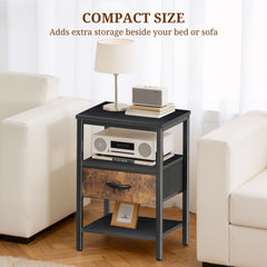 MyDepot Nightstand with Charging Station, Bedside Table with USB Ports, AC Outlets & Fabric Drawers, Modern End Table with Open Storage Shlef for Bedroom, Living Room, Apartment