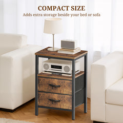 MyDepot Nightstand with Charging Station, Bedside Table with USB Ports, AC Outlets & Fabric Drawers, Modern End Table with Open Storage Shlef for Bedroom, Living Room, Apartment