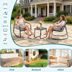 MyDepot 3-Piece Outdoor Rocking Set, Outdoor Furniture Set with Textilene Chairs & Glass-Top Table, Conversation Set of 3 for Porch, Lawn, Garden, Yard, Balcony, Poolside