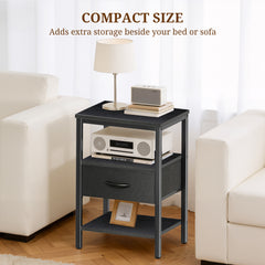 MyDepot Nightstand with Charging Station, Bedside Table with USB Ports, AC Outlets & Fabric Drawers, Modern End Table with Open Storage Shlef for Bedroom, Living Room, Apartment