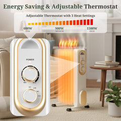 Mydepot Oil Filled Radiator Heater for Indoor Use, Portable Large Room Radiant Space Heater 1500W with 3 Heat Settings Overheat & Tip-Over Protection