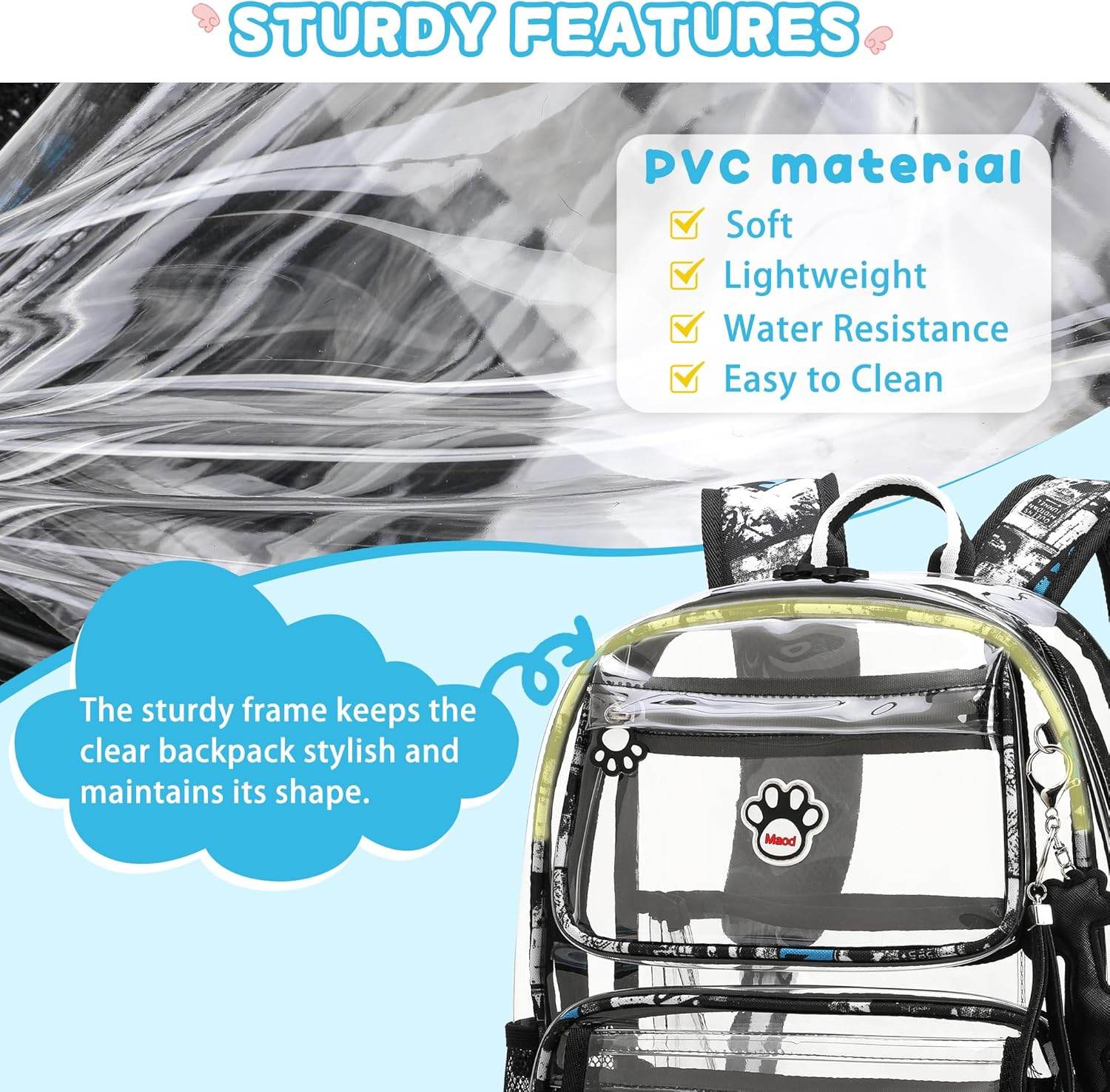 MyDepot Cute Clear Backpack,
STURDY FEATURES