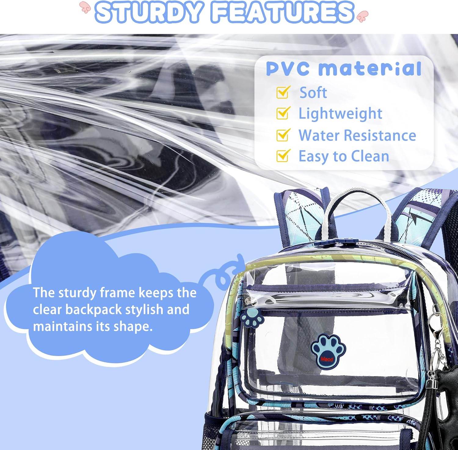MyDepot Cute Clear Backpack,
STURDY FEATURES