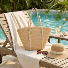 Rosvovo Straw Tote Bag | Stylish Raffia Beach Bag, Women, Large Woven Summer Handbag, Tropical Vacations, Resort Outings