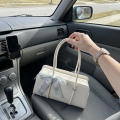 Rosvovo Elegant White Leather Handbag for Women - Luxury Bow Detail Shoulder Bag & Travel Purse