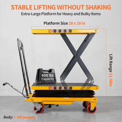 My Depot 400 Lbs Hydraulic Lift Table Cart,Hydraulic Lift Table Cart | 50 in Max Height Scissor Lift, 4 Wheels, Non-Slip Platform, Material Handling Equipment