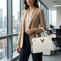 Rosvovo Women's Handbag - Elegant White Leather-Like Shoulder Bag with Gold Hardware