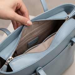Rosvovo Blue Leather Tote Bag for Women - Elegant Handbag with Decorative Charm & Zipper Closure