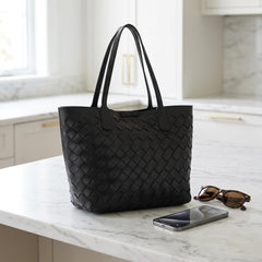 Rosvovo Luxury Handmade Woven Tote Bag for Women | Black Woven Leather Handbag, Inner Pouch