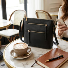 Rosvovo 312 Leather Crossbody Bag - Modern Minimalist Women's Shoulder Purse with Gold-Tone Hardware and Multi-Pocket Organizer