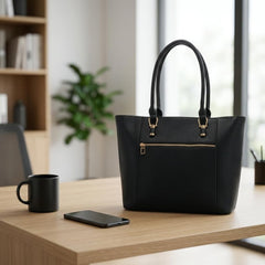 Rosvovo Genuine Leather Tote Bag for Women - Large Capacity Black Shoulder Bag with Gold Hardware