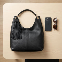 Rosvovo Cowhide Hobo Bag | Genuine Leather Slouchy Shoulder Bag, Women, Stylish Black Leather Handbag, Work, Daily Use