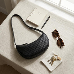 Rosvovo Woven Crossbody Bag - Black Leather Crescent Purse for Women, Trendy Braided Shoulder Bag & Small Sling Purse for Everyday Use