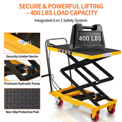 My Depot 400 Lbs Hydraulic Lift Table Cart,Hydraulic Lift Table Cart | 50 in Max Height Scissor Lift, 4 Wheels, Non-Slip Platform, Material Handling Equipment