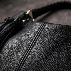 Rosvovo Cowhide Hobo Bag | Genuine Leather Slouchy Shoulder Bag, Women, Stylish Black Leather Handbag, Work, Daily Use
