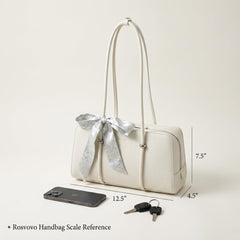 Rosvovo Elegant White Leather Handbag for Women - Luxury Bow Detail Shoulder Bag & Travel Purse