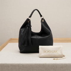 Rosvovo Cowhide Hobo Bag | Genuine Leather Slouchy Shoulder Bag, Women, Stylish Black Leather Handbag, Work, Daily Use