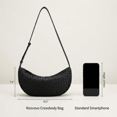 Rosvovo Woven Crossbody Bag - Black Leather Crescent Purse for Women, Trendy Braided Shoulder Bag & Small Sling Purse for Everyday Use