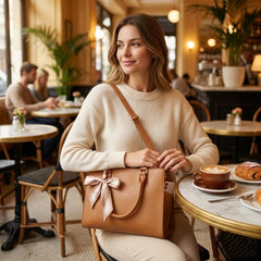 Rosvovo Genuine Leather Handbag for Women - Elegant Ribbon Bow Crossbody Bag with Adjustable Shoulder Strap & Scarf Accessory, Brown