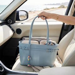 Rosvovo Blue Leather Tote Bag for Women - Elegant Handbag with Decorative Charm & Zipper Closure