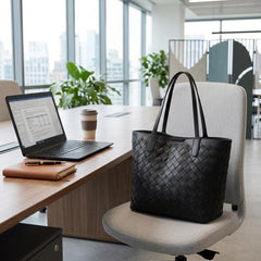 Rosvovo Luxury Handmade Woven Tote Bag for Women | Black Woven Leather Handbag, Inner Pouch