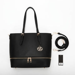 Rosvovo Women's Leather Tote Bag - Classic Black Handbag with Detachable Shoulder Strap & Gold-Tone Hardware