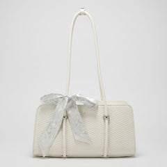Rosvovo Elegant White Leather Handbag for Women - Luxury Bow Detail Shoulder Bag & Travel Purse