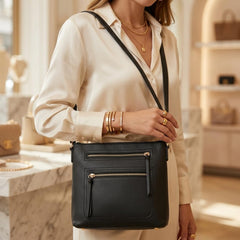 Rosvovo 312 Leather Crossbody Bag - Modern Minimalist Women's Shoulder Purse with Gold-Tone Hardware and Multi-Pocket Organizer