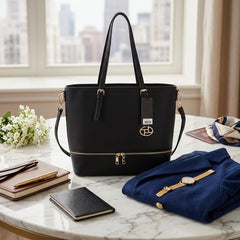 Rosvovo Women's Leather Tote Bag - Classic Black Handbag with Detachable Shoulder Strap & Gold-Tone Hardware