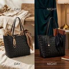 Rosvovo Luxury Handmade Woven Tote Bag for Women | Black Woven Leather Handbag, Inner Pouch