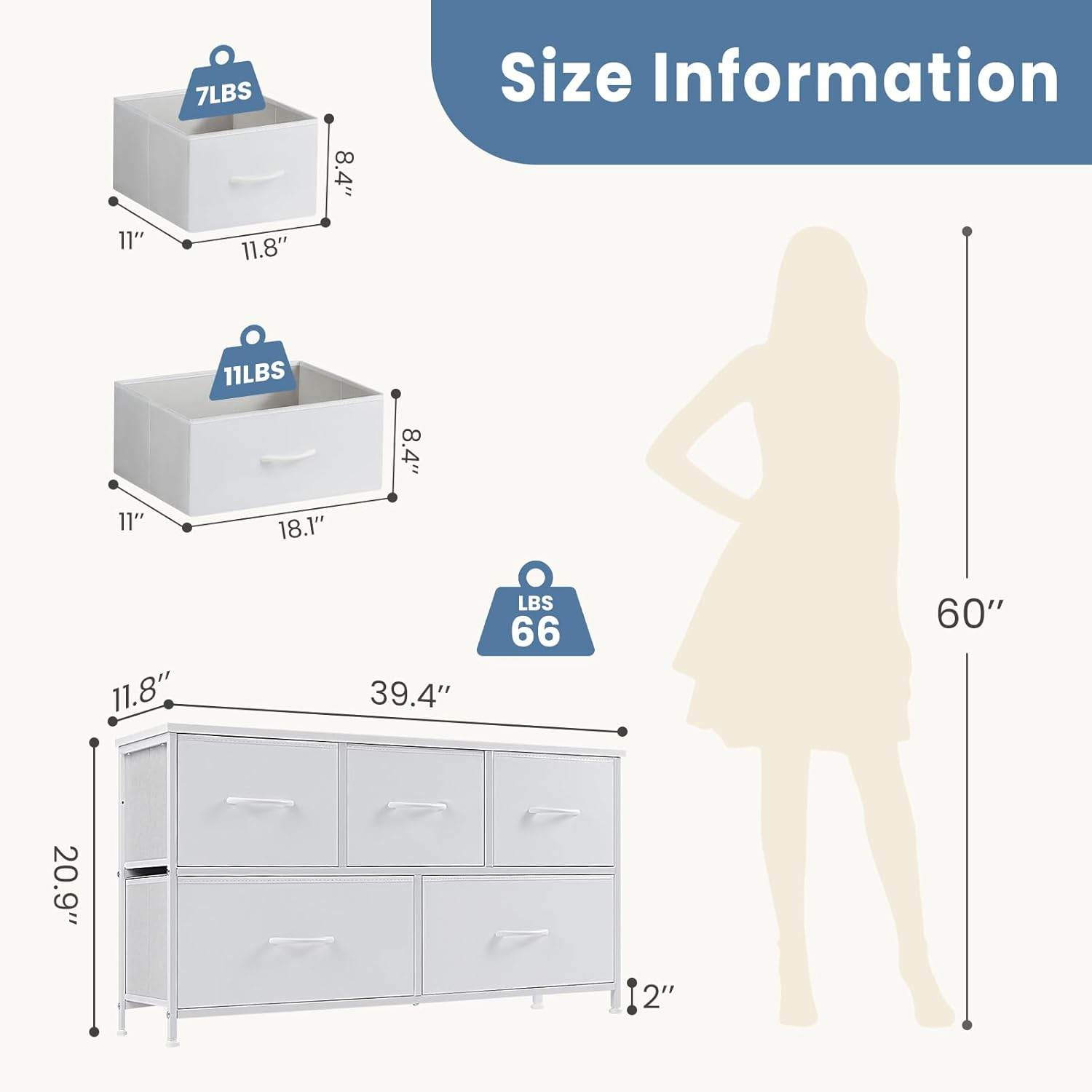 My Depot Dresser with 5 Fabric Drawers
Size Information