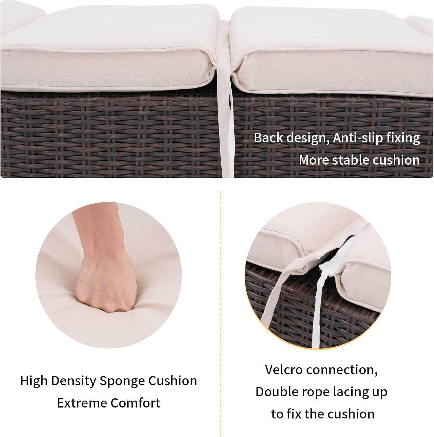 My Depot Outdoor Lounge Chair PE Wicker Rattan Backrest Pool Lounge Chair
Back design, Anti-slip fixingMore stable cushion
High Density Sponge Cushion
Extreme Comfort
Velcro connection,Double rope lacingupto fix the cushion